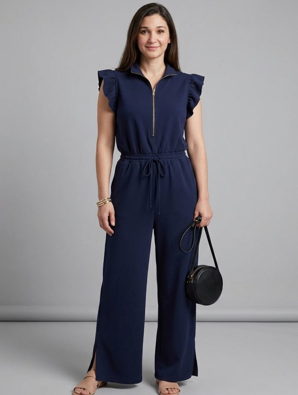 Umgee Sleeveless Navy Wide-Leg Jumpsuit with Zip Front